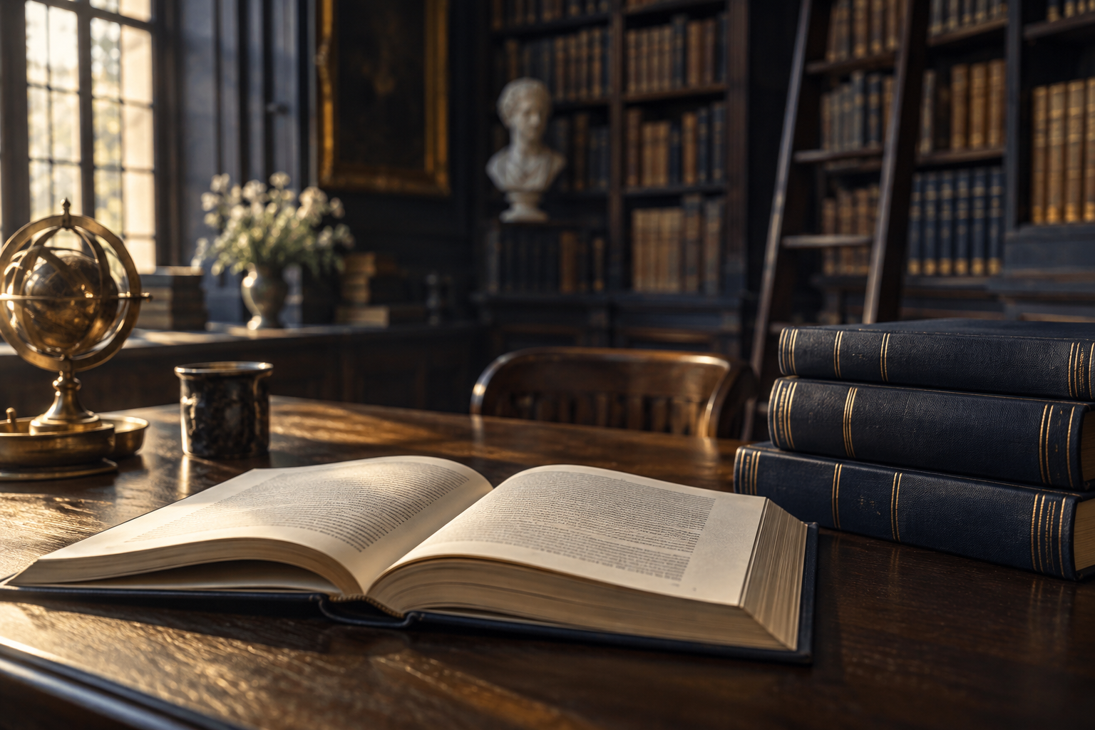 An open book and navy clothbound volumes in a warmly lit library